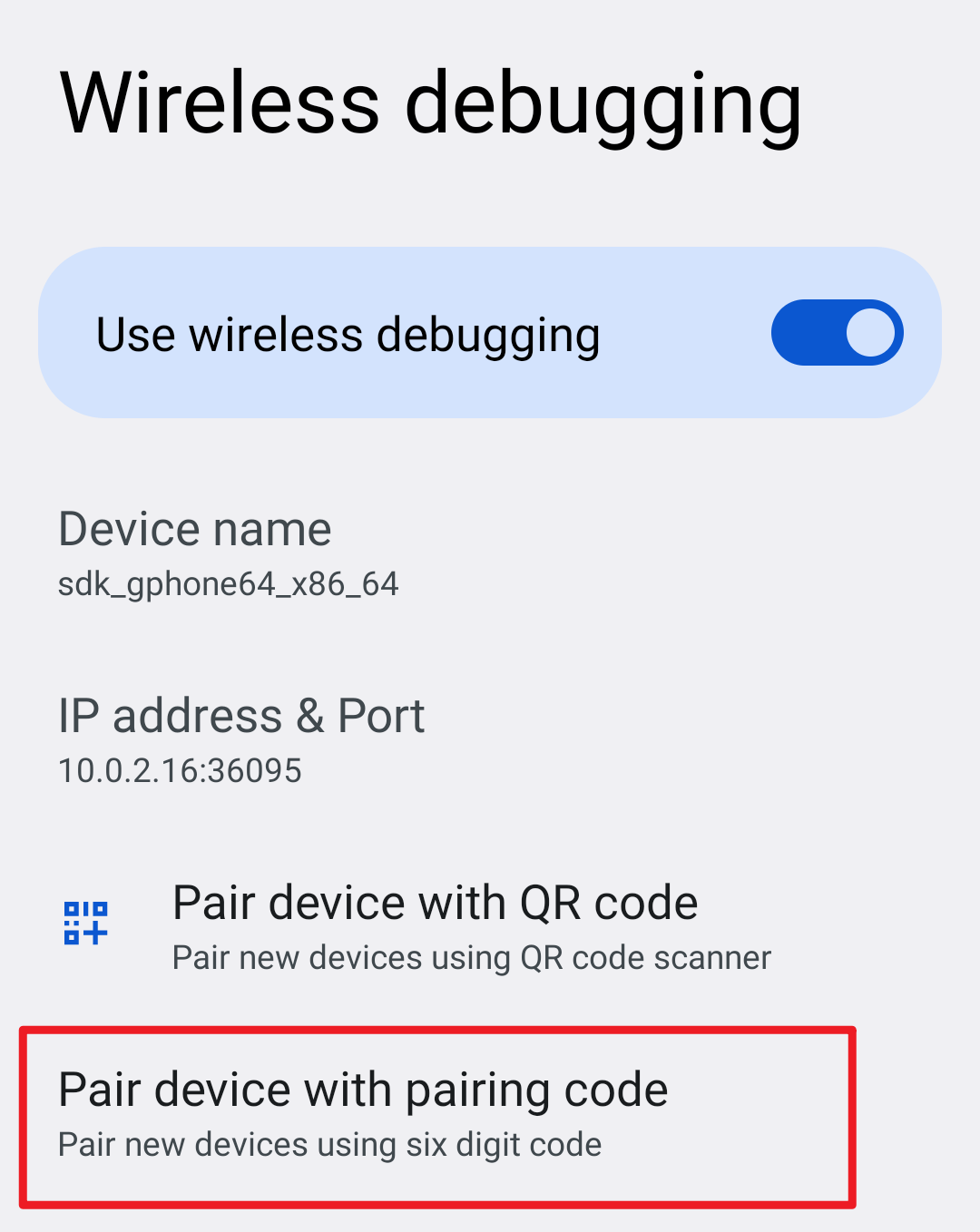 在无线调试页面选择使用配对码配对设备
